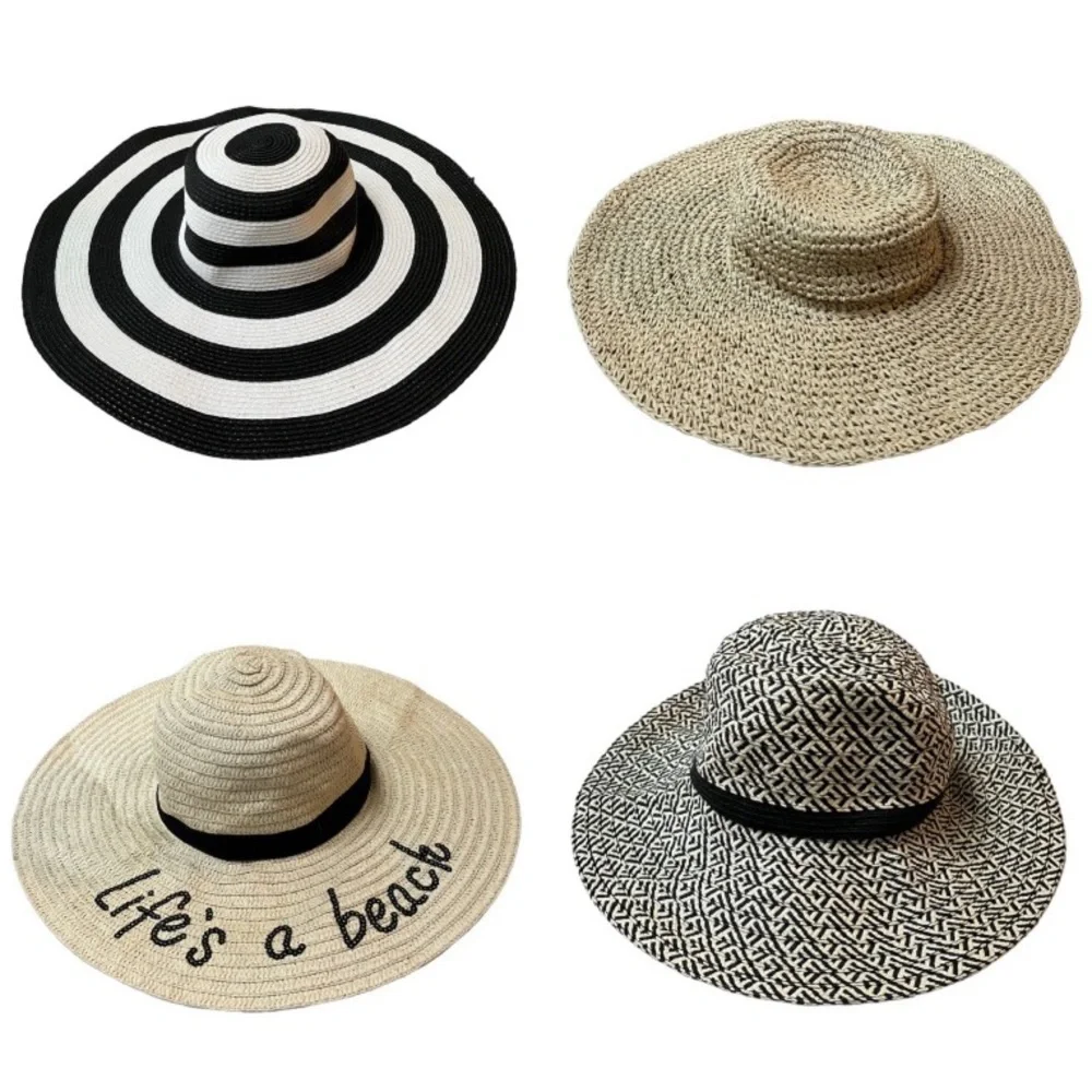Sun Hats 4 Pc Set Wide Brim Summer Beach Straw Derby Fedora Natural Black Womens